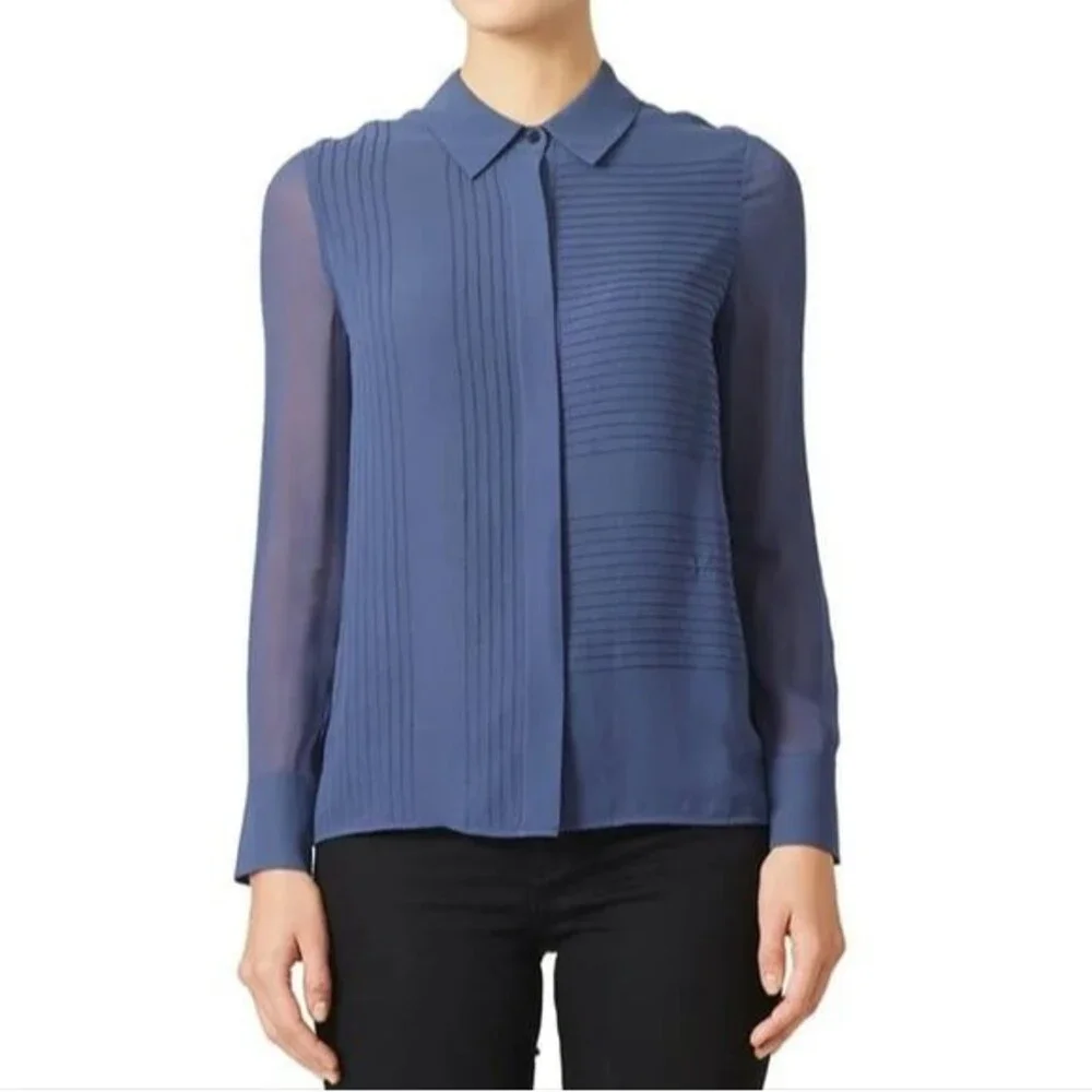 Tory Burch 100% Silk Slate Blue Pintuck Pleats Button Down Blouse 12